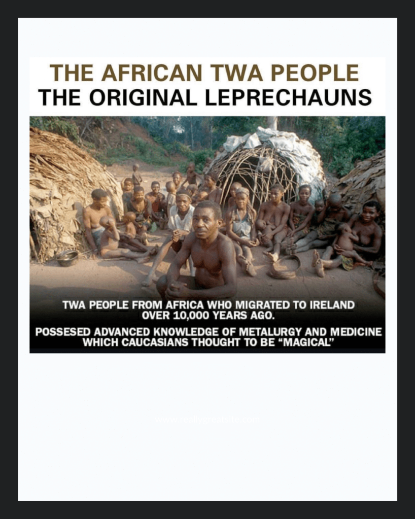 Image of a group of African Twa people gathered around a shelter, with text stating they are the original leprechauns who migrated to Ireland over 10,000 years ago and possessed advanced knowledge of metallurgy and medicine.