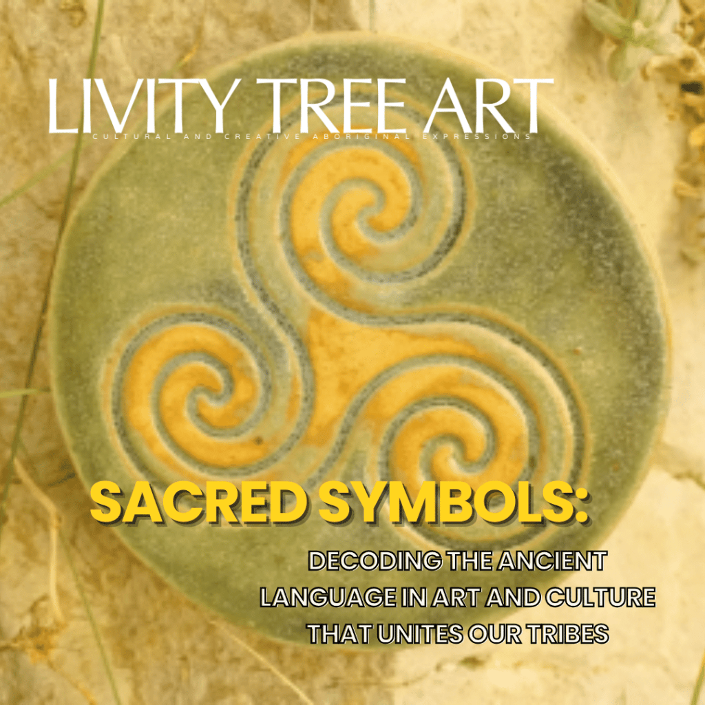 A circular stone featuring a sacred spiral design, surrounded by natural elements, with the text overlay 'Livity Tree Art' and 'Sacred Symbols: Decoding the Ancient Language in Art and Culture That Unites Our Tribes.'
