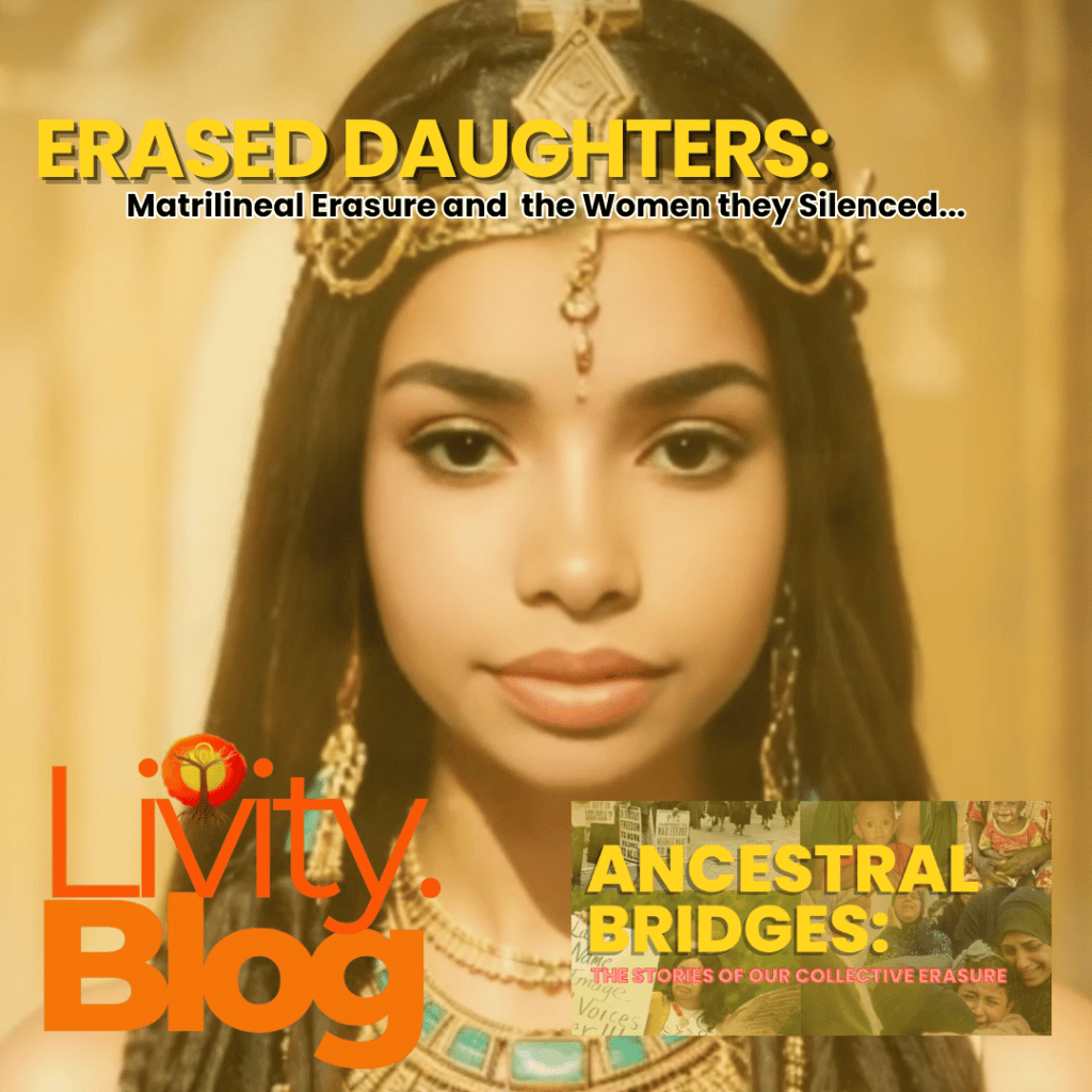A close-up of a woman wearing traditional jewelry and a decorative hairpiece, with a soft focus background. Text overlay includes 'ERASED DAUGHTERS: Matrilineal Erasure and the Women they Silenced...' and branding for 'Livity Blog' and 'ANCESTRAL BRIDGES: THE STORIES OF OUR COLLECTIVE ERASURE'.