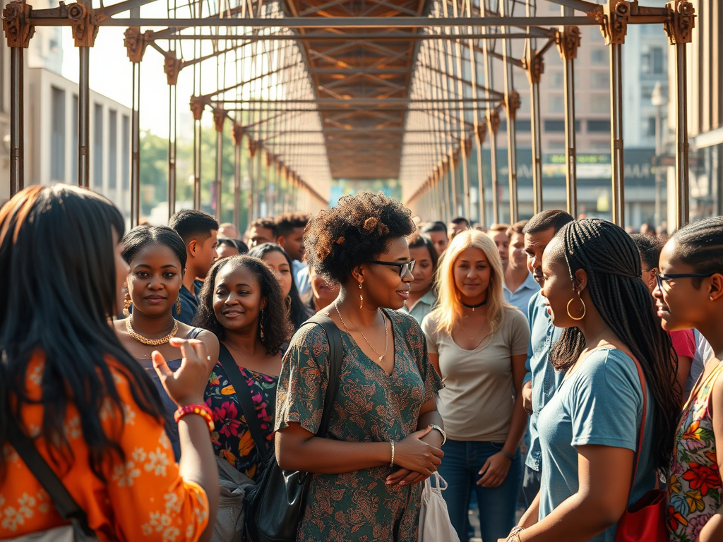 A diverse group of people engaged in conversation in a busy urban setting, with a focus on two women at the center expressing joy and connection.