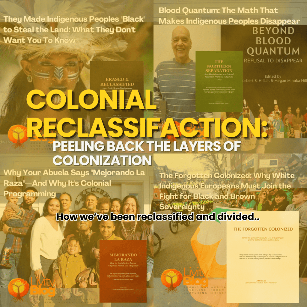 Collage featuring the title 'Colonial Reclassification: Peeling Back the Layers of Colonization' with various images representing Indigenous people and books discussing reclassification and identity.